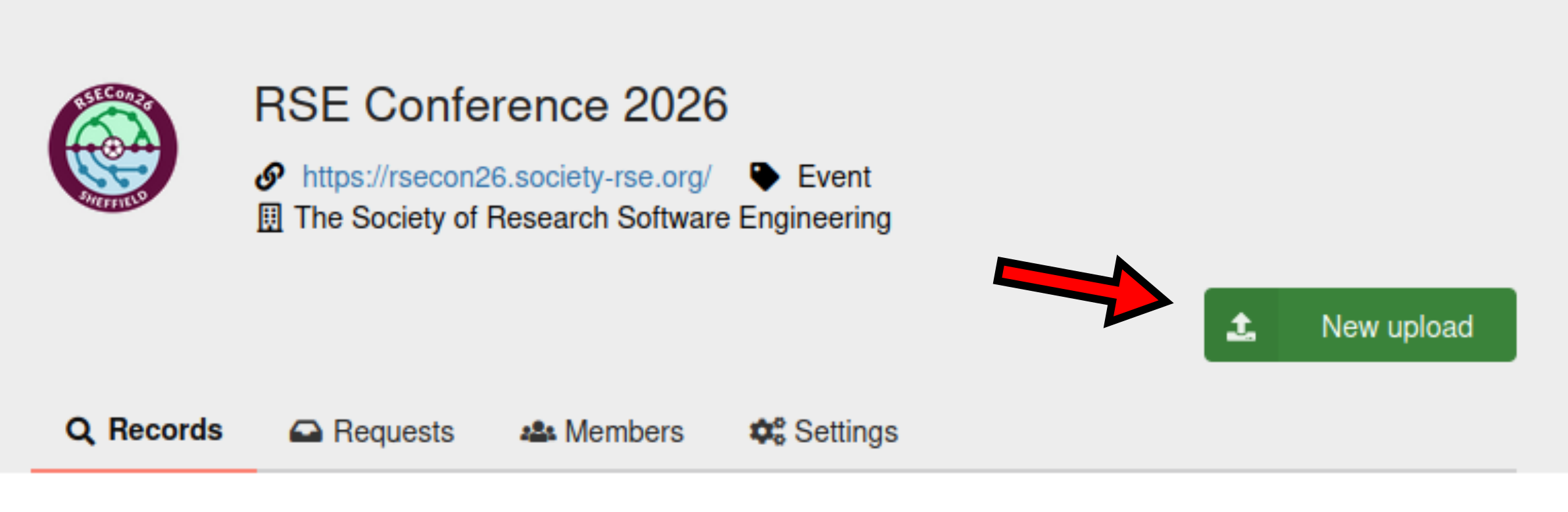 Screenshot of RSE Conference 2026 Zenodo community page with arrow pointing to the New upload button.