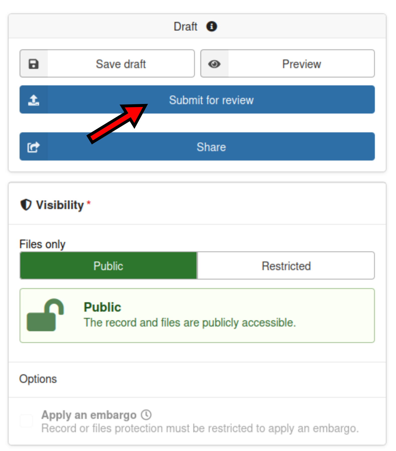 Screenshot of Zenodo record submission page with arrow pointing to Submit for review button.