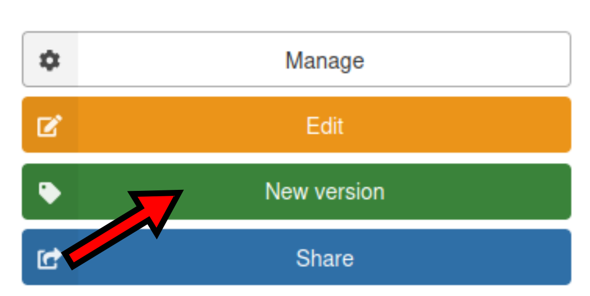 Screenshot of Zenodo record page after submission, with arrow pointing to the New version button.