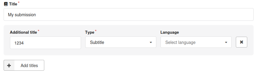 Screenshot of Zenodo Title field showing an additional title being added.